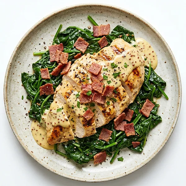Creamy Dijon Chicken With Wilted Spinach And Crispy Turkey Bacon